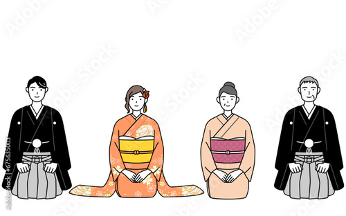新年の挨拶をする着物姿の家族