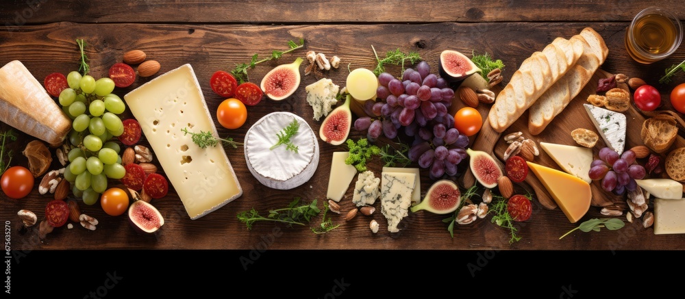 Fototapeta premium The table had a white wooden background with a gourmet spread of natural and organic ingredients The cheese board adorned with various cheeses added bursts of color to the scene As people g