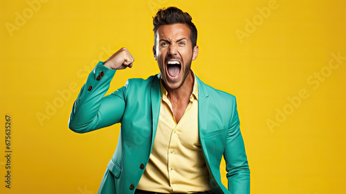 Fashion model of a man with fist raised in the air with a lively and youthful facial expression style on a yellow background created with Generative AI Technology photo