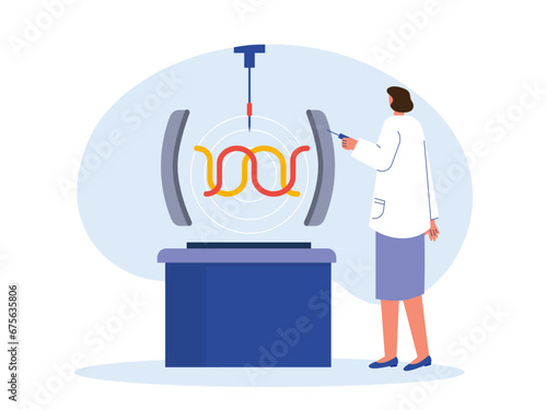 Female lab worker working on experiment illustration. Laboratory illustration.