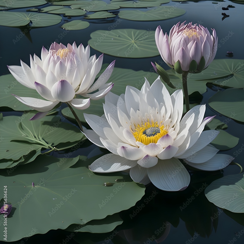 An astonishing illustration of a white lotus flowing along with the water