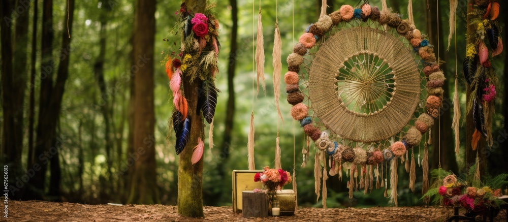 The Indian wedding had a beautiful backdrop of a lush forest surrounded by tall trees with colorful feathers hanging from branches while the dream catcher design incorporated intricate wood
