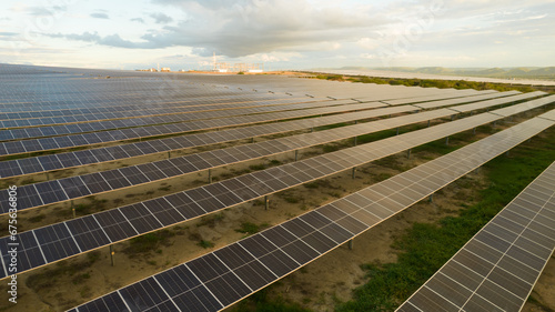 Photography Utility scale solar farm or pv plant with bifacial modules and trackers