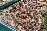 Old part of the town of Kotor with the embankment and canal. Montenegro. Top view