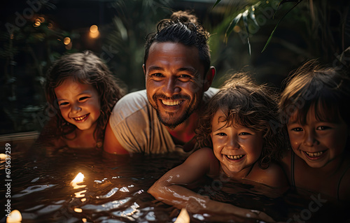 Happy family, Father with children at night