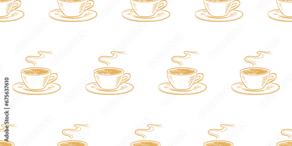 Background of cups with coffee, repeating pattern. For print, notebooks, pillows, textiles, cups, interior, stylish design. Background of cups with coffee, repeating pattern. For print, notebooks, pillows, textiles, cups, interior, stylish design.