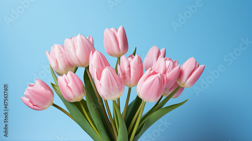 pink tulips on blue background