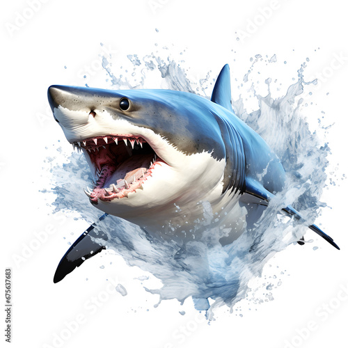 Great white shark with water splash isolated on a white background. Generative ai.  © PixelHD