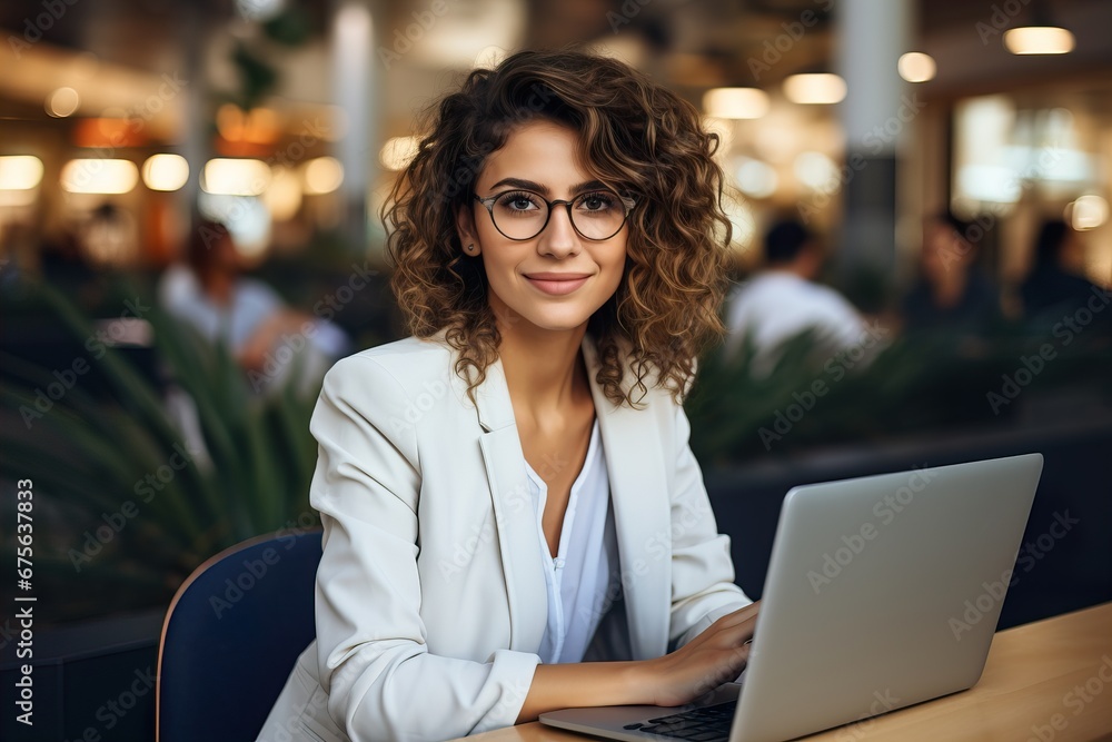 Focused young woman working remotely in bustling cafe Focused young woman working remotely in bustling cafe