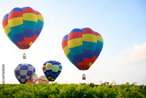 Colorful hot air balloons flying over green tree on blue sky background in nation park.Hot air balloon festival travel concept. © arcyto