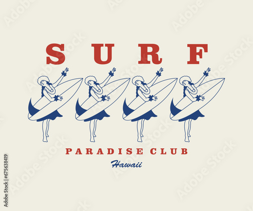 Vintage illustration of hawaii, surfing, girl hawaii vector t shirt design, vector graphic, typographic poster or tshirts street wear and Urban style