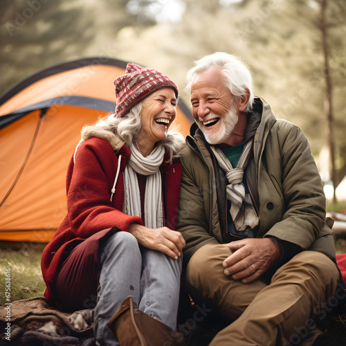 Happy elderly couple camping. Generative ai. 
