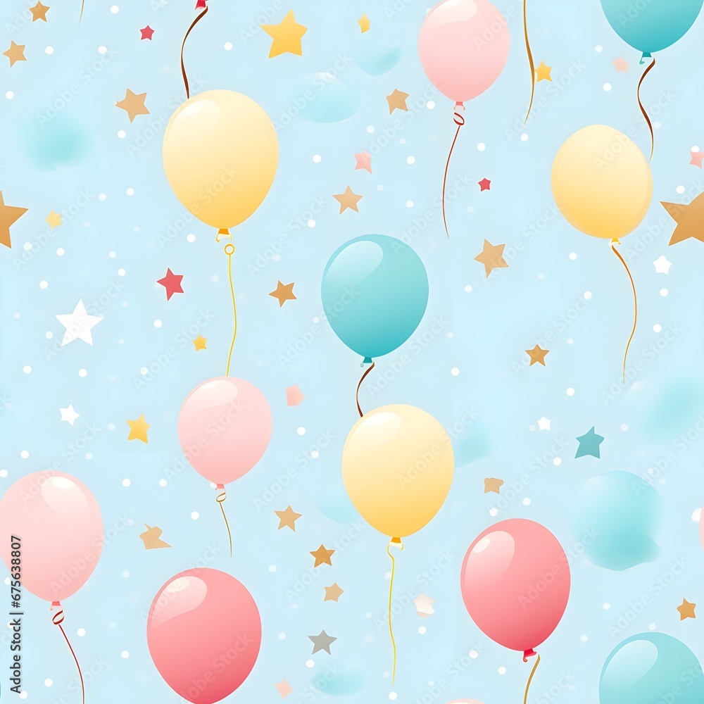 Seamless pattern with pastel colour balloons, confetti, and party hats for a festive and celebratory theme Seamless pattern with pastel colour balloons, confetti, and party hats for a festive and celebratory theme