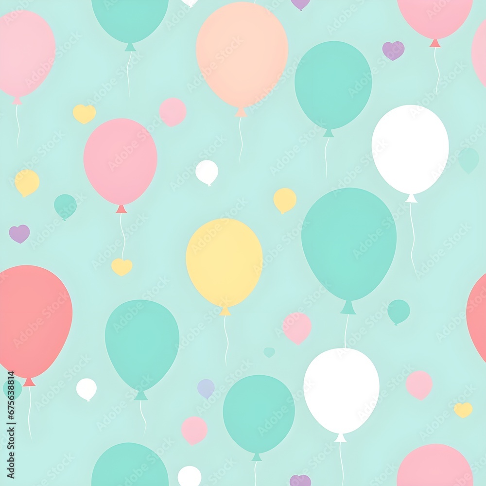 Seamless pattern with pastel colour balloons, confetti, and party hats for a festive and celebratory theme