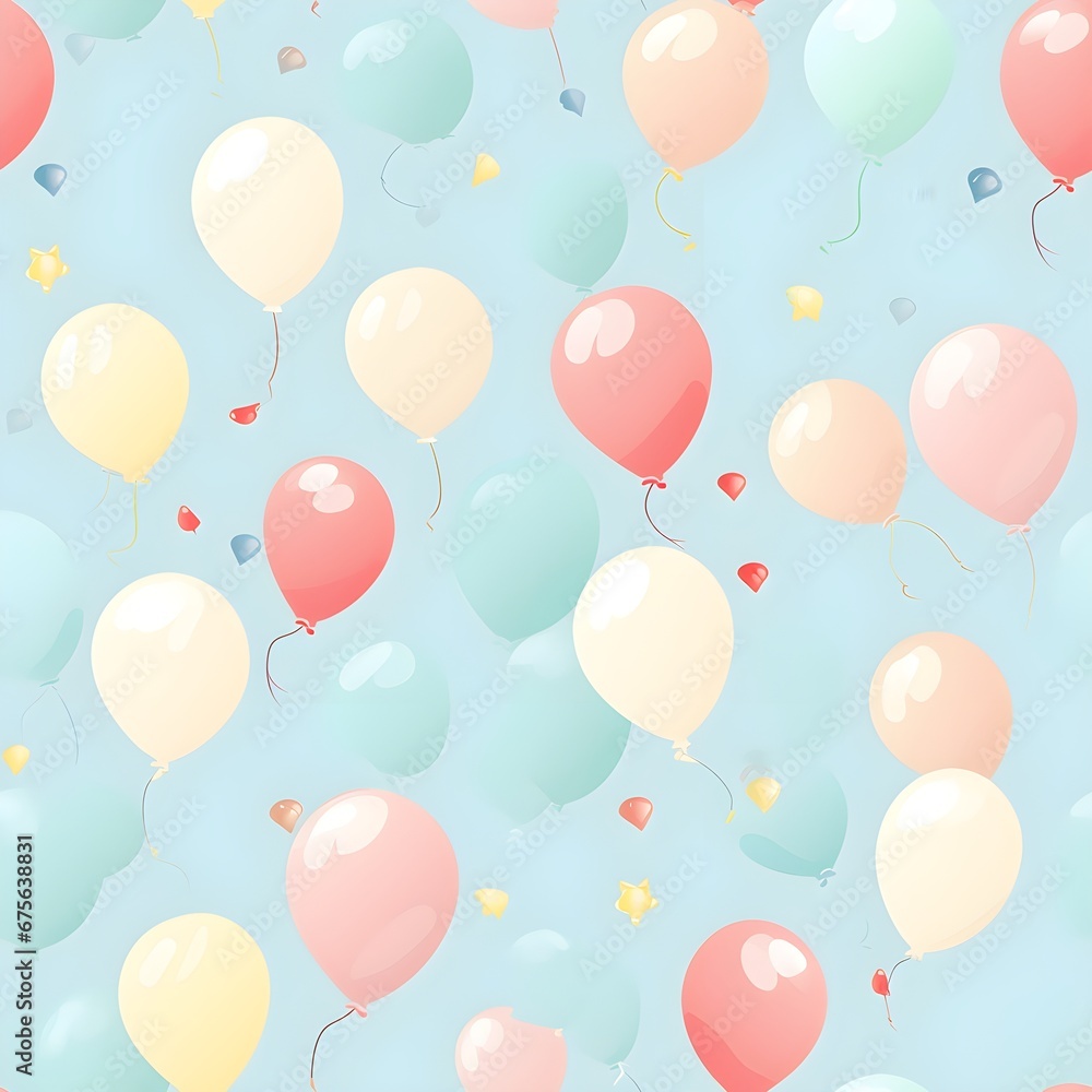 Seamless pattern with pastel colour balloons, confetti, and party hats for a festive and celebratory theme Seamless pattern with pastel colour balloons, confetti, and party hats for a festive and celebratory theme