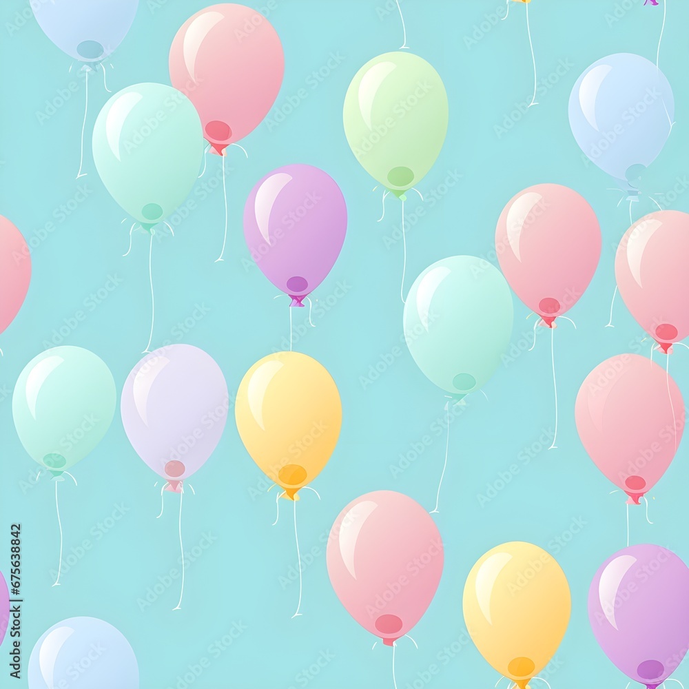 Seamless pattern with pastel colour balloons, confetti, and party hats for a festive and celebratory theme