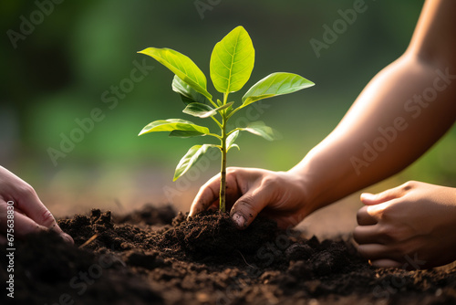 Human hand growing young plant on soil.