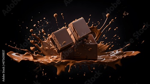 a chocolate bar with chocolate splashing out of it on a black background. a chocolate bar with chocolate splashing out of it on a black background. 