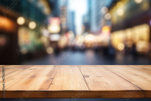 Top of surface wooden table with blurred city buildings background.