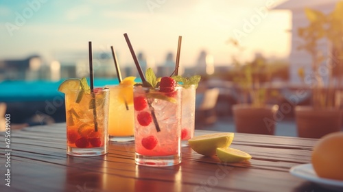 Blurred background of multicolored drinks and minimal food - Happy hour concept with fancy cocktails and tasty appetizers served at rooftop lounge prive - Warm vintage filter on shallow depth of field photo