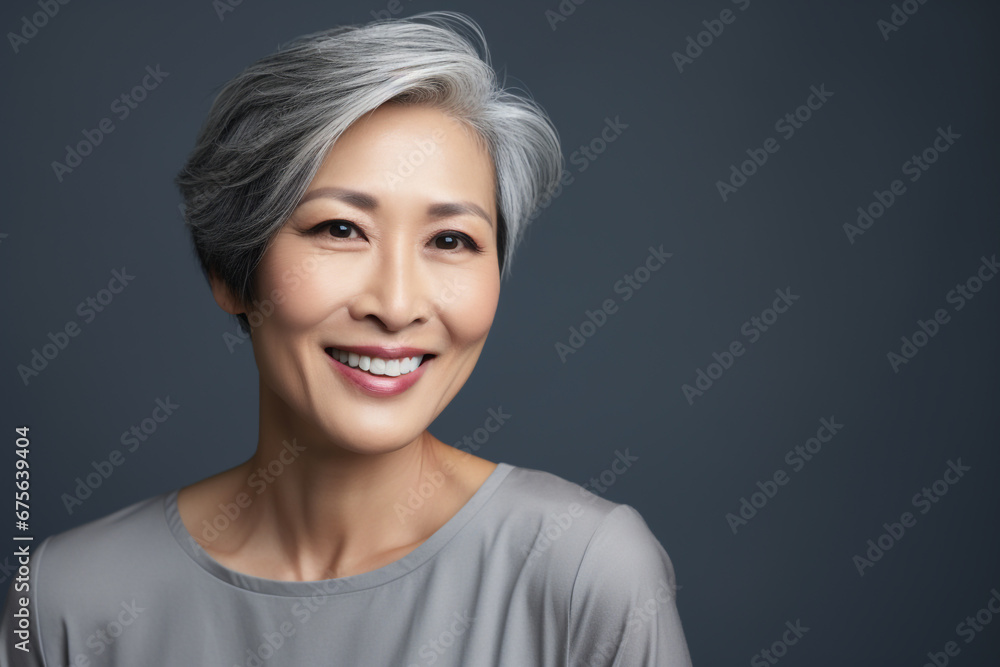 Portrait of beautiful grey hair asian woman smiling with smooth face skin. Portrait of beautiful grey hair asian woman smiling with smooth face skin.