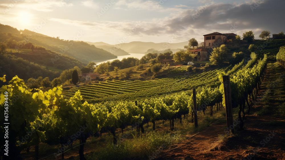 Grape fruit yard with sun light background. Wine yard landscape.