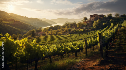 Grape fruit yard with sun light background. Wine yard landscape.