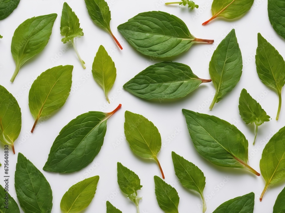 Fototapeta premium Fresh basil leaves pattern on white background, Space for copy