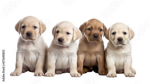 Front view, four adorable Labrador Retriever puppies sitting isolated on transparent background. 