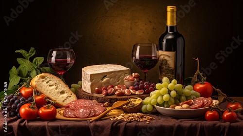 Still life with various types of Italian food and wine