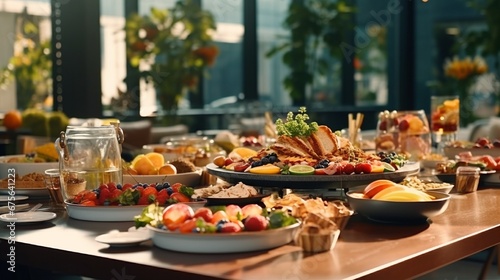 Table full of various fresh food in luxury modern restaurant in hotel. Delicious dishes, including fruits, pastries, and cooked meals on table. Restaurant setting. Breakfast or morning meal