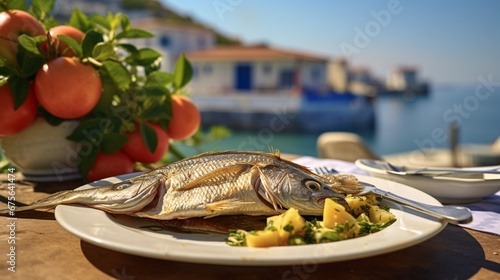 Traditional Cretan Dorada fish with Greek salad, Kissamos, Crete, Greek Islands, Greece, Europe