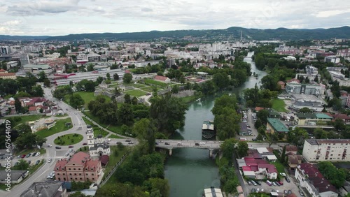 Establishing aerial view over Vrbas river in Banja Luka, Second largest city in Bosnia and Herzegovina photo