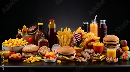 Unhealthy products. food bad for figure, skin, heart and teeth. Assortment of fast carbohydrates food.