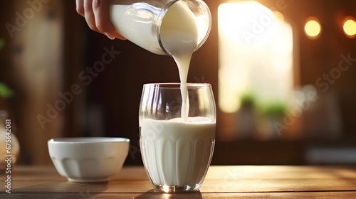 Pouring milk from bottle into glass at wooden table, closeup