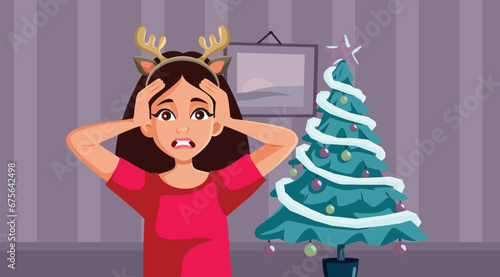 Panicked Woman Having Anxiety Attack before Christmas Vector Illustration. Unhappy girl feeling desperate trying to organize xmas party at home
