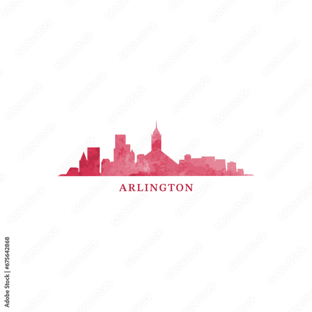 Arlington US watercolor cityscape skyline city panorama vector flat modern logo icon. USA, Texas state of America emblem with landmarks and building silhouettes. Isolated red graphic