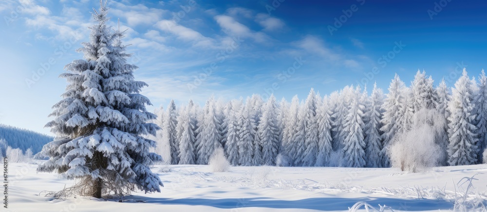 In the beautiful winter landscape covered in a thick blanket of snow a majestic Christmas tree stood tall against the serene backdrop of a lush green forest The combination of the white snow In the beautiful winter landscape covered in a thick blanket of snow a majestic Christmas tree stood tall against the serene backdrop of a lush green forest The combination of the white snow