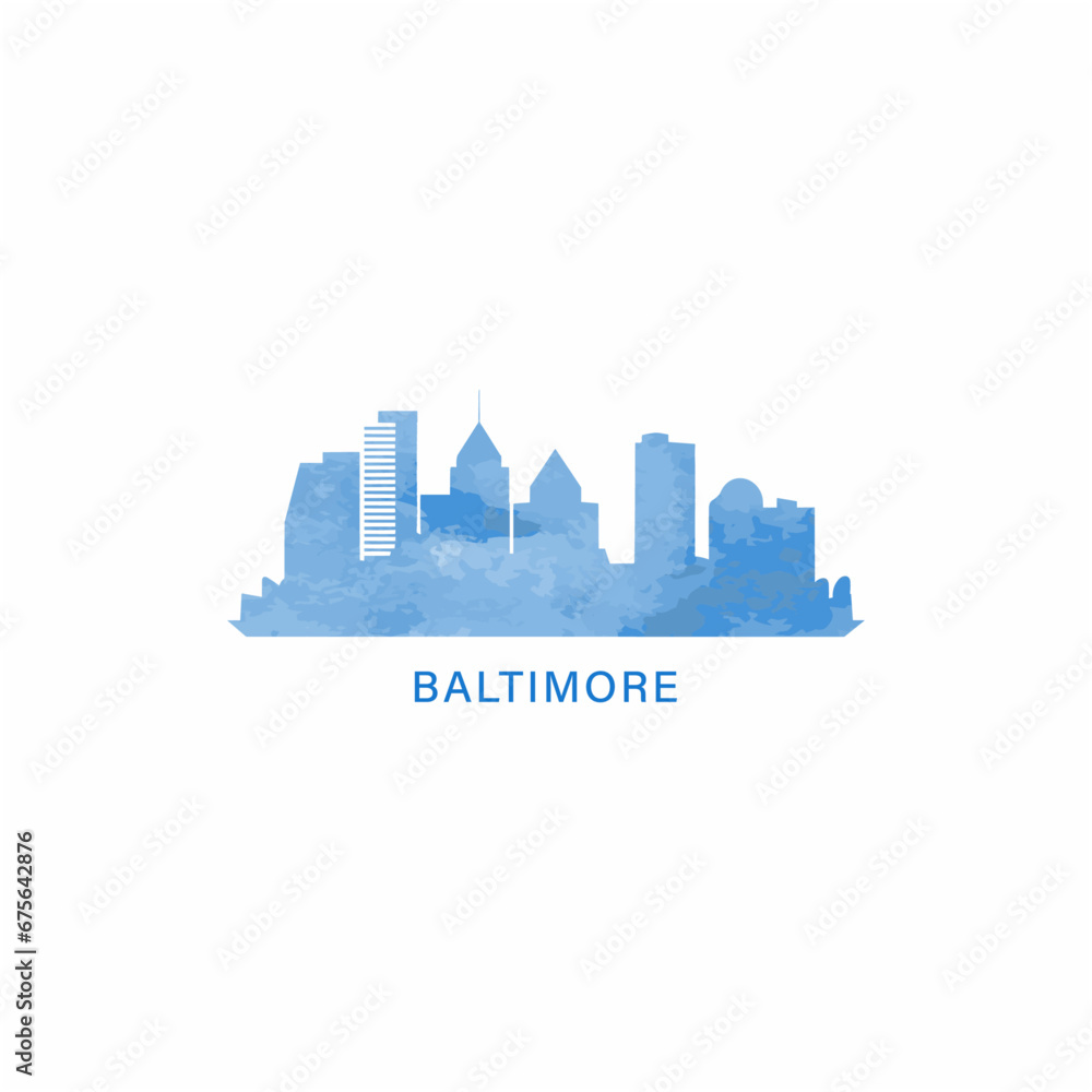 Naklejka premium Baltimore US watercolor cityscape skyline city panorama vector flat modern logo icon. USA, Maryland state of America emblem with landmarks and building silhouettes. Isolated blue graphic