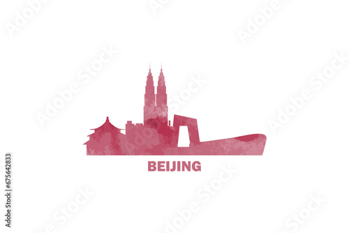 Beijing watercolor cityscape skyline city panorama vector flat modern logo, icon. China emblem concept with landmarks and building silhouettes. Isolated graphic