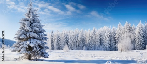 In the beautiful winter landscape covered in a thick blanket of snow a majestic Christmas tree stood tall against the serene backdrop of a lush green forest The combination of the white snow © TheWaterMeloonProjec