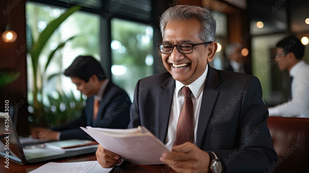 Happy senior Indian businessman investor bank client checking document at office team meeting with financial law experts attorneys team. generative AI Happy senior Indian businessman investor bank client checking document at office team meeting with financial law experts attorneys team. generative AI