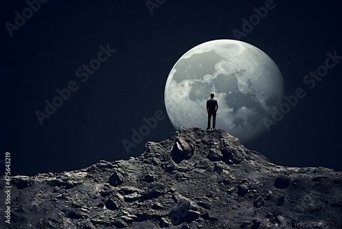 A man standing on the moon, moon over the mountains, silhouette of a person on the moon