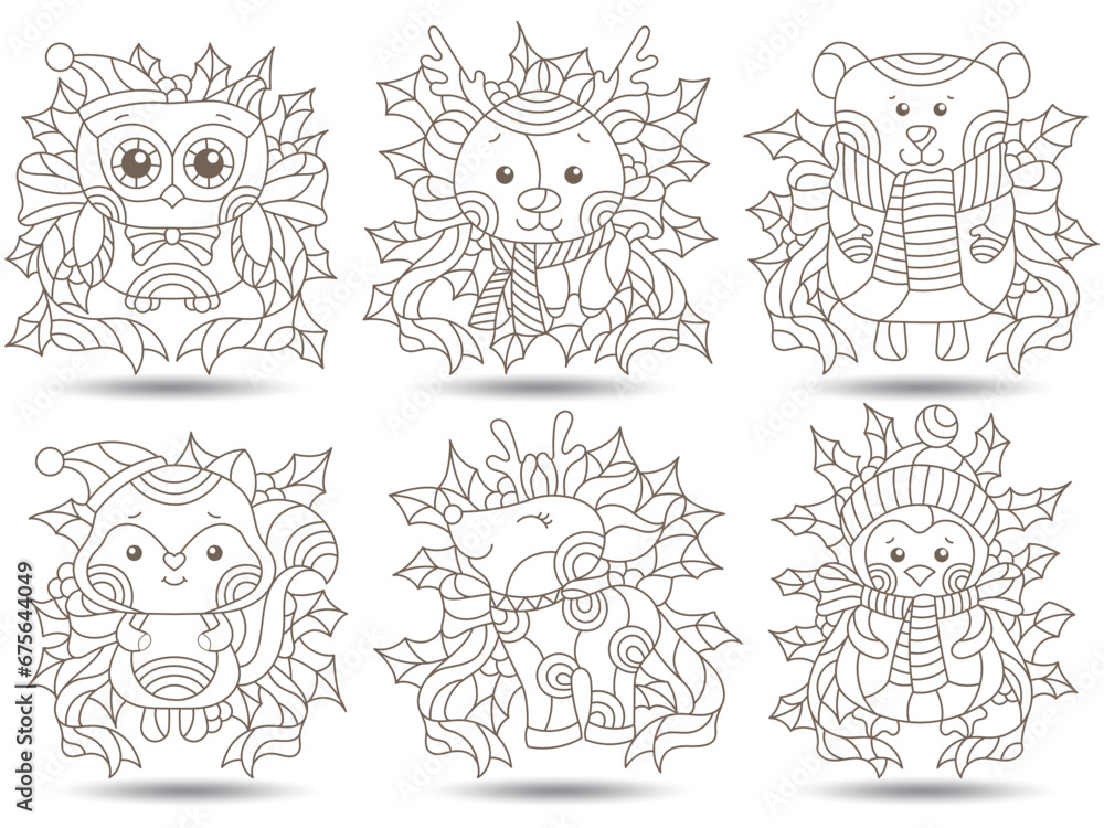 A set of contour illustrations in the style of stained glass with cute animals, dark contours on a white background