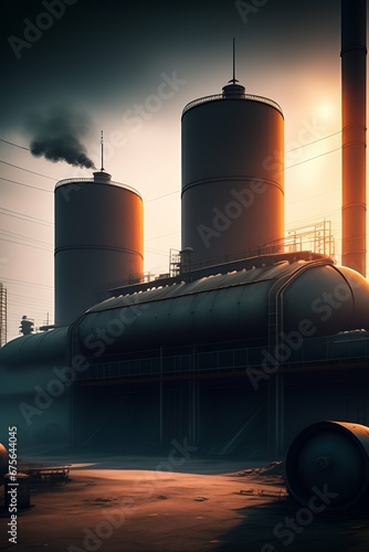 Soviet Postapocalypse atmosphere, Industrial Factory yard, chemical factory Boiler room, chemical tank, gloomy atmosphere Light, misticaly atmosphere,photorealistic