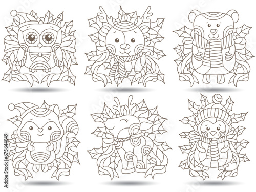 A set of contour illustrations in the style of stained glass with cute animals, dark contours on a white background