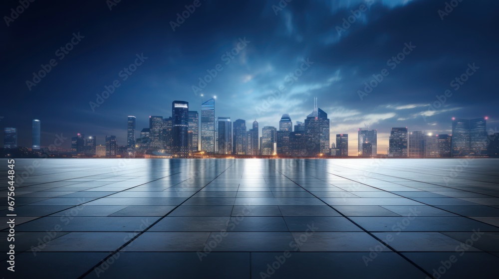 Empty floor and modern city skyline with building at sunset, text space.