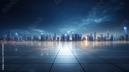 Empty floor and modern city skyline with building at sunset  text space.