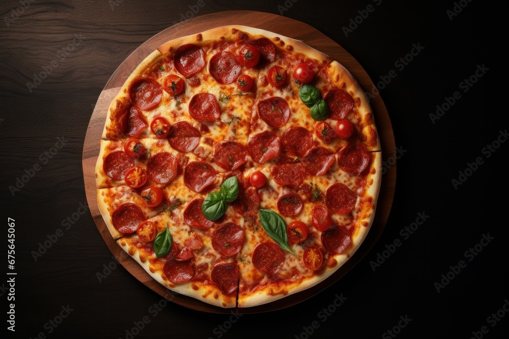 Top View of Pizza Image for Menu Advertising, Restaurants Promotional Flyer and Poster Concept, Delicious Tasty Pizza with Cheese and Sausage.