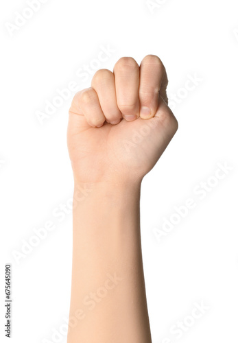 Woman with clenched fist on white background. Domestic violence concept © Pixel-Shot